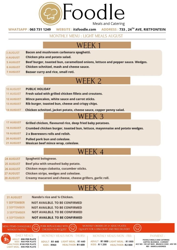 August Light Meals Menu