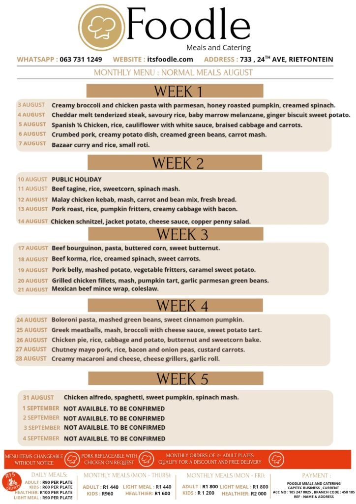 August Normal Meals Menu